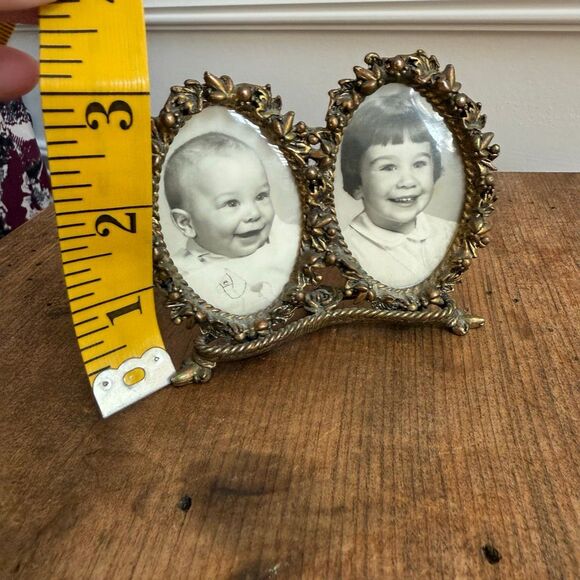 Vintage Rubbed Brass Tone Double Frame Table Top 3” x 3” - Picture 6 of 7